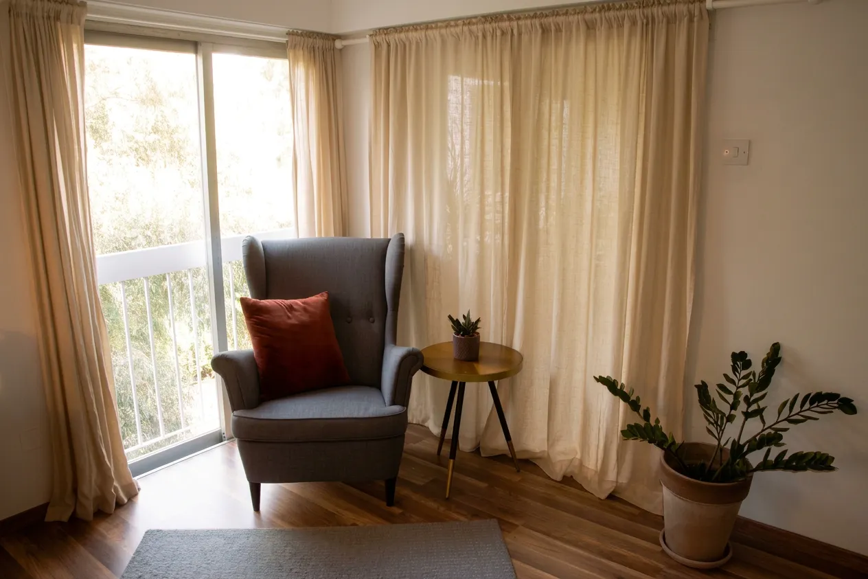 Therapy practice seating area beside a large window